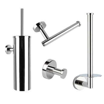 De Cosimo Chroom WC-set van yessential.nl bestaat uit vier roestvrijstalen onderdelen - een wc-borstelhouder, wc-papierhouder, reserverolhouder en wandhaak - in een strakke afwerking van gepolijst chroom. Upgrade je badkameraccessoires set in stijl!.