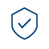 Een blauw omlijnd schildje met een vinkje symboliseert bescherming en veiligheid voor je bestelling tijdens transport-Verzendverzekering van yessential.nl op een witte achtergrond.