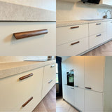 Moderne keuken van yessential.nl met handgrepen van Lucasso Walnut, matwitte kasten, natuurstenen werkbladen, inbouwapparatuur en een strak minimalistisch ontwerp met een natuurlijke inrichting en veel licht. Getoond vanuit meerdere hoeken.