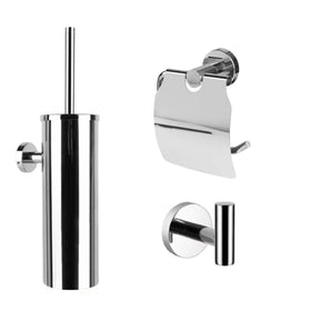 De Sandro Chroom WC-set van yessential.nl bestaat uit drie roestvrijstalen badkameraccessoires - een wc-borstelhouder, wc-papierhouder met deksel en wandhaak - gepresenteerd op een witte achtergrond.