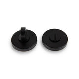 Twee ronde zwart metalen Rodi Black WC-sloten van yessential.nl-één met een draaiknop, één met een platte gleuf-zijn afgebeeld op een witte achtergrond. Perfect als stijlvol WC slot matzwart voor jouw deur.