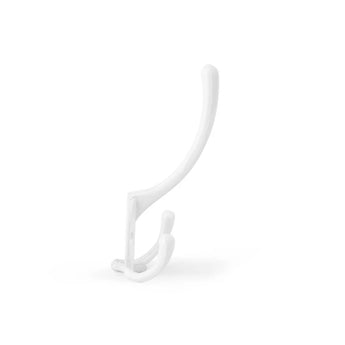 De Nismo White 2-haak van yessential.nl heeft twee gebogen tanden - een grotere boven een kleinere - die rechtop staan tegen een witte achtergrond, perfect voor wie op zoek is naar moderne stijl en functionaliteit in kapstokhaken.