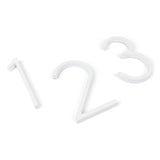 De Amato White 12,5cm huisnummers van yessential.nl, in wit en driedimensionaal design, hebben de nummers 1, 2 en 3 op een effen witte achtergrond en werpen subtiele schaduwen.