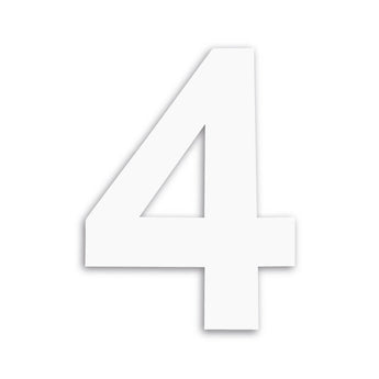 Een groot Adamo White 20cm nummer 4 van yessential.nl met een subtiele schaduw, gecentreerd op een effen witte achtergrond - ideaal als modern huisnummer.