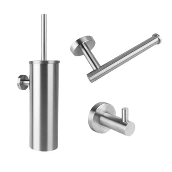 De Lorenzo RVS WC-set van yessential.nl bestaat uit drie roestvrijstalen badkameraccessoires: een wandclosetborstelhouder, een horizontale toiletpapierhouder en een enkele wandhaak, allemaal afgebeeld op een witte achtergrond.