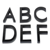 Zes zwarte 3D hoofdletters - A, B, C, D, E en F - staan in twee rijen op een witte achtergrond met Silvio Black 60mm van yessential.nl.